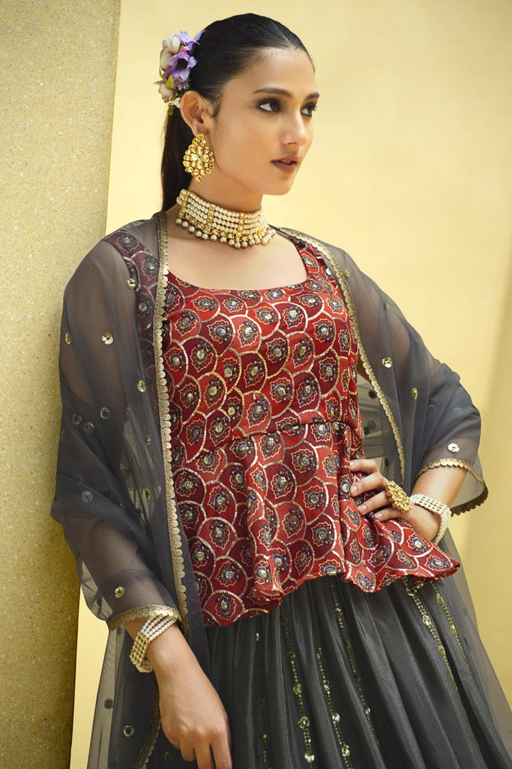Miraculous Grey Color Chinon Fabric Readymade Lehenga