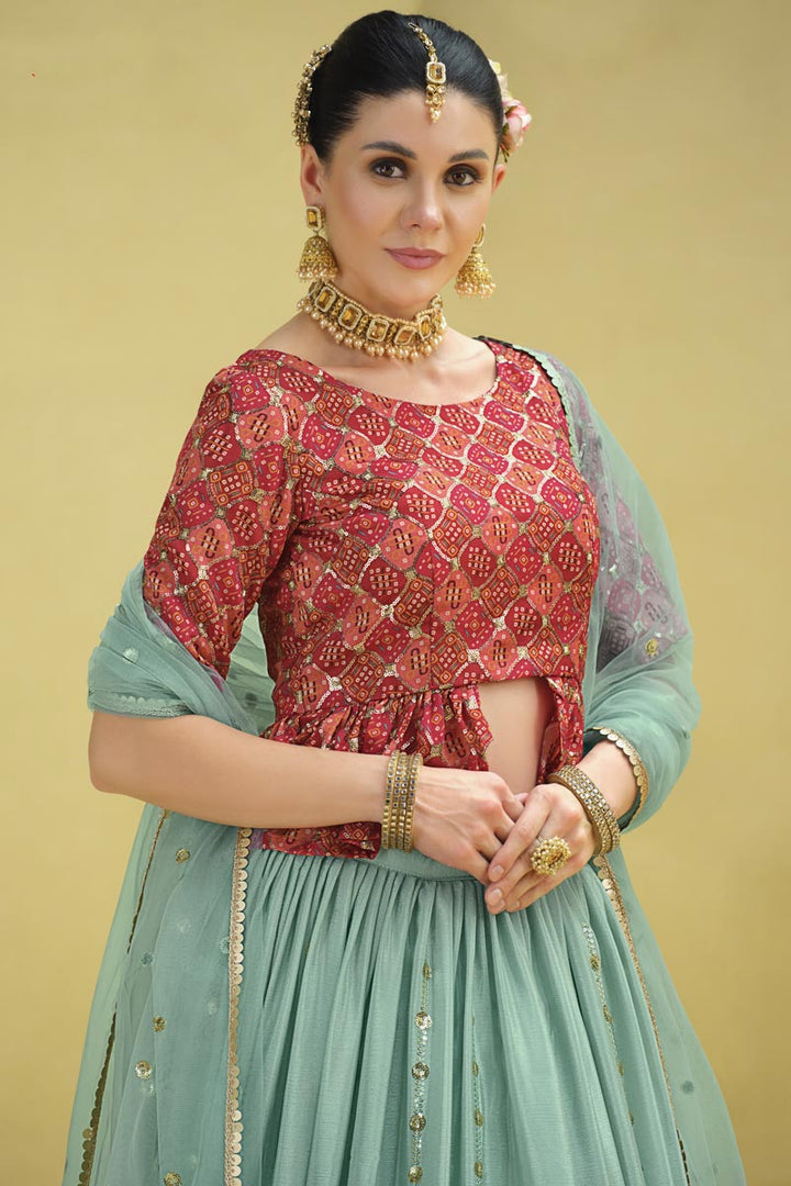 Light Cyan Color Wonderful Readymade Lehenga In Chinon Fabric