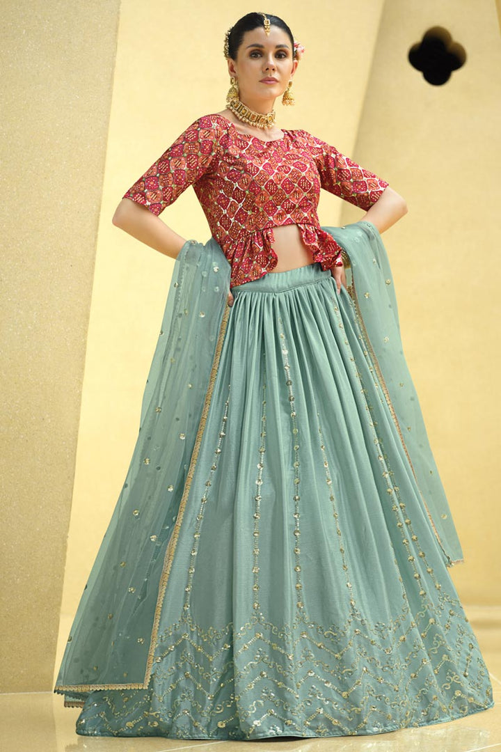 Light Cyan Color Wonderful Readymade Lehenga In Chinon Fabric