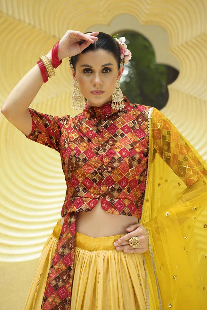 Yellow Color Dazzling Readymade Lehenga In Chinon Fabric