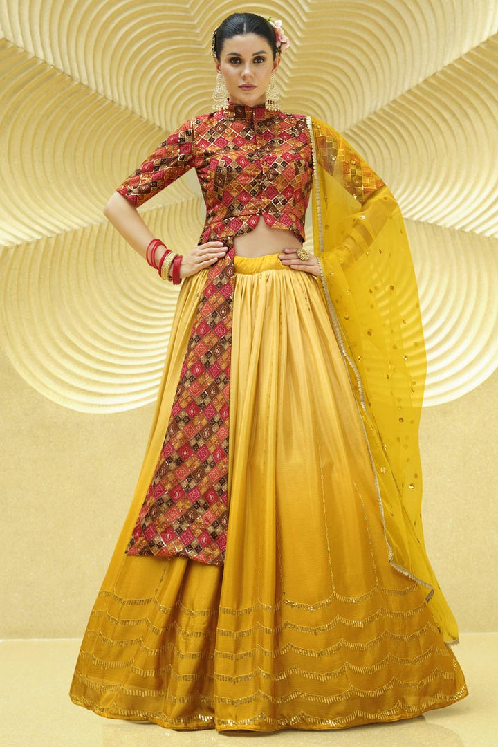 Yellow Color Dazzling Readymade Lehenga In Chinon Fabric