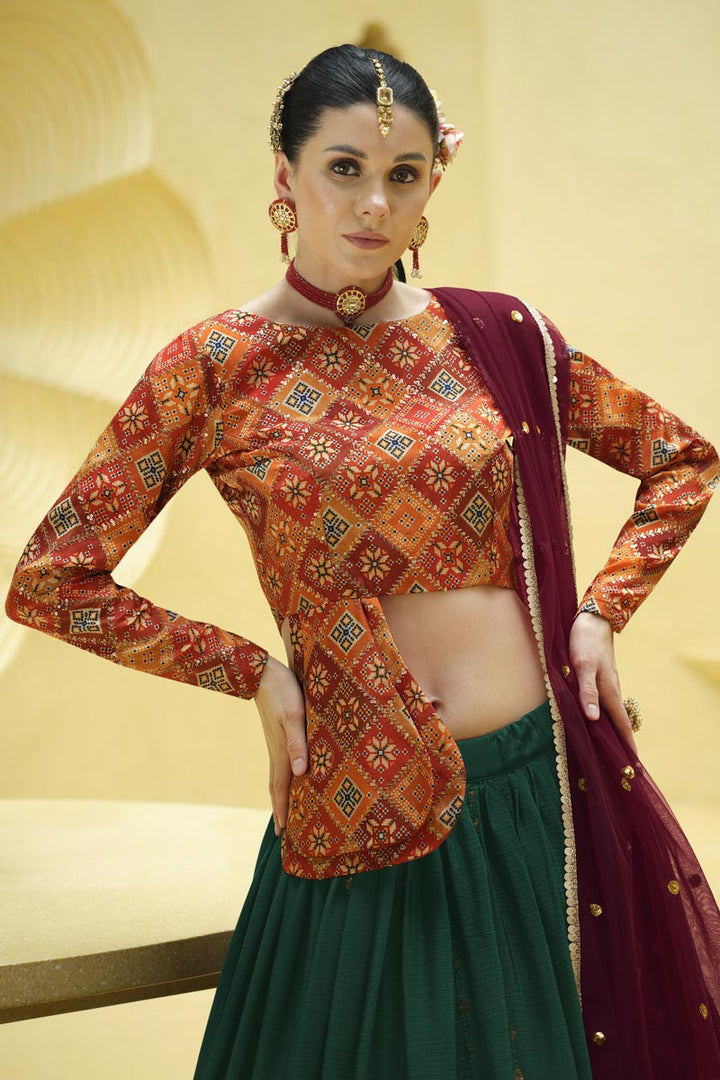 Chinon Fabric Embellished Readymade Green Color Lehenga