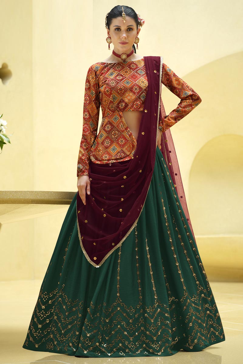 Chinon Fabric Embellished Readymade Green Color Lehenga