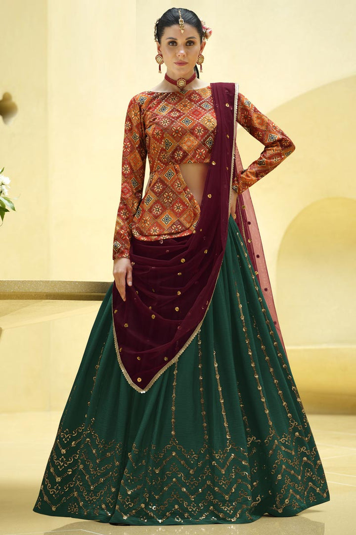 Chinon Fabric Embellished Readymade Green Color Lehenga