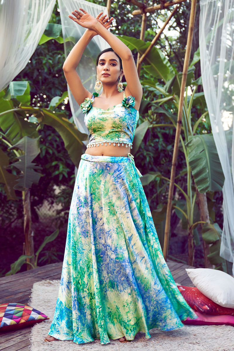 Silk Sky Blue Party Wear Readymade Printed Lehenga Choli