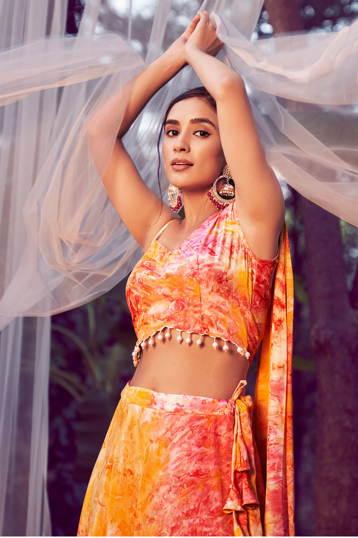Orange Silk Party Wear Readymade Printed Lehenga Choli
