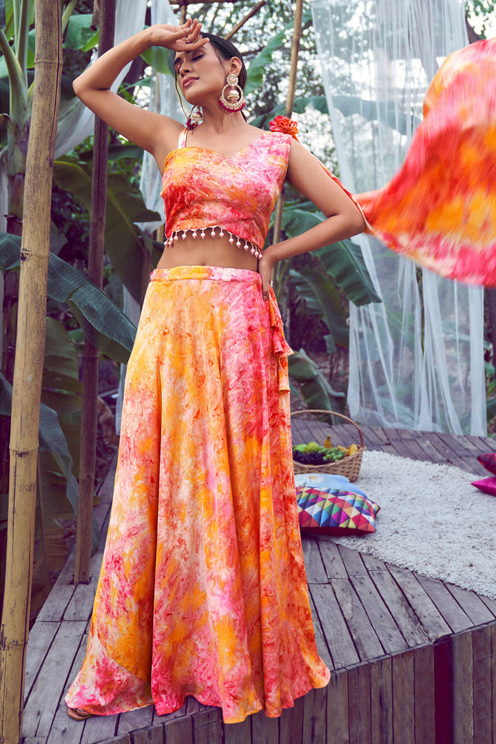 Orange Silk Party Wear Readymade Printed Lehenga Choli