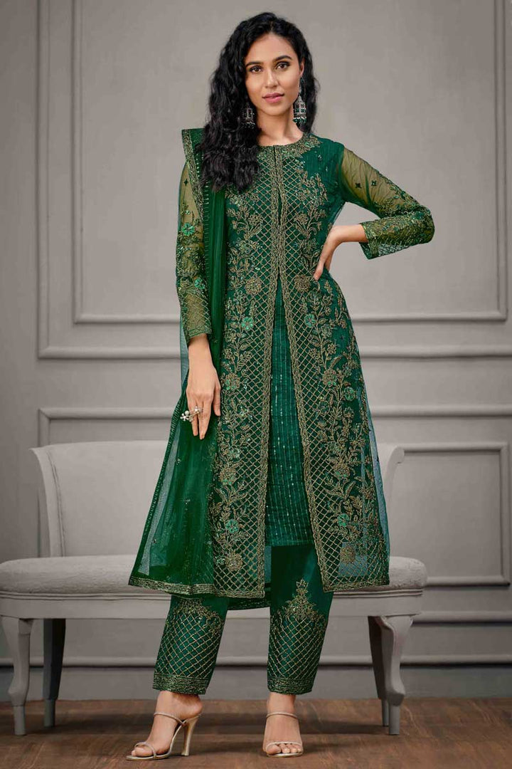 Lavish Embroidered Work On Net Fabric Dark Green Color Festival Wear Salwar Suit