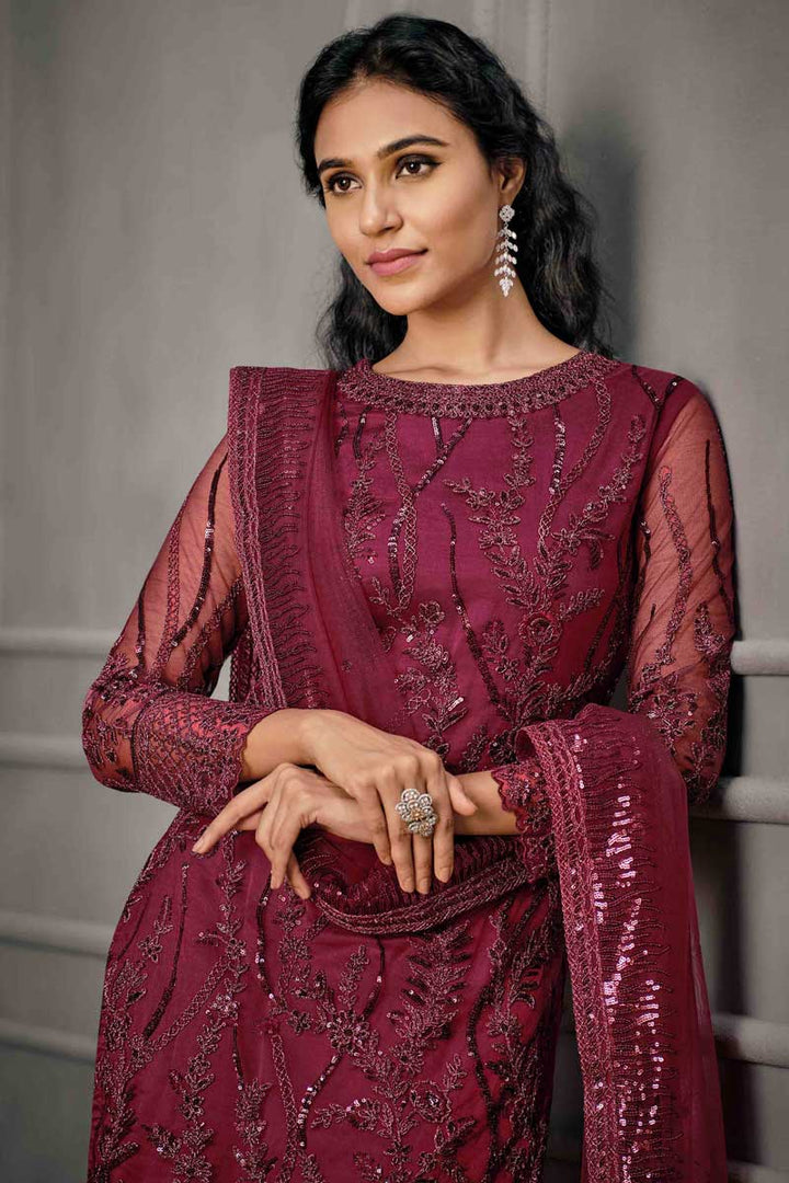 Magnificent Embroidered Work On Burgundy Color Festival Wear Salwar Suit In Net Fabric