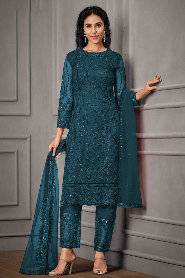 Net Fabric Embroidered Vintage Salwar Suit In Teal Color