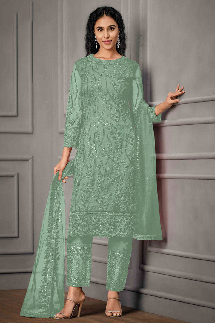 Sea Green Color Net Fabric Embroidered Beatific Salwar Suit