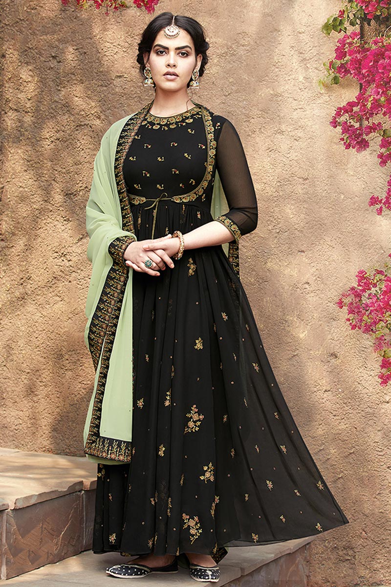 Function Wear Georgette Embroidered Designer Anarkali Suit In Black