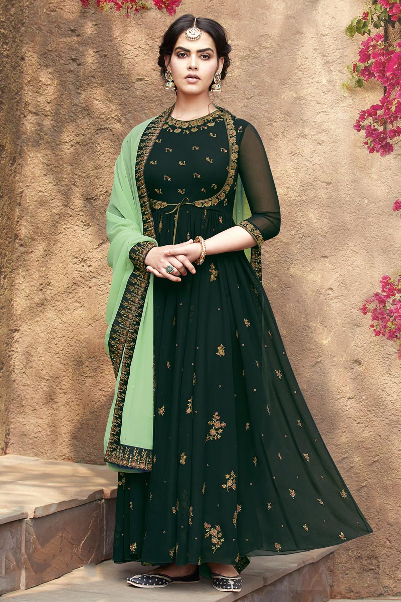 Function Wear Designer Dark Green Embroidered Anarkali Suit In Georgette