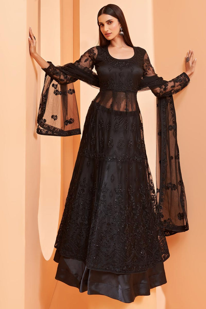 Net Fabric Festive Wear Black Color Embroidered Designer Anarkali Suit