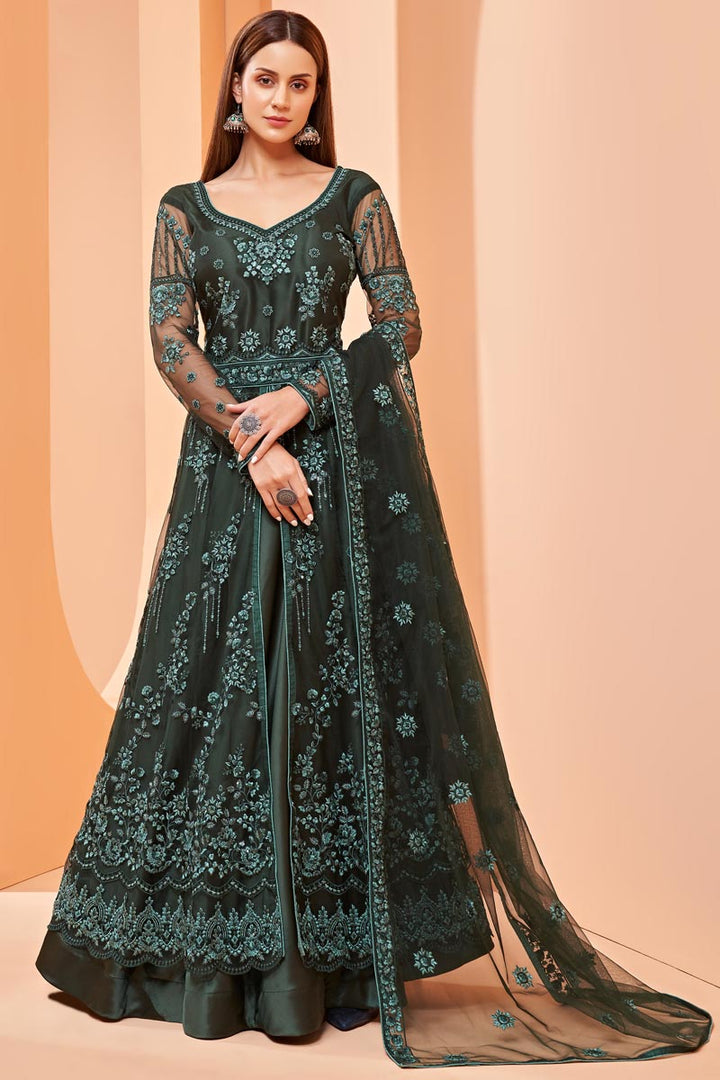 Dark Green Color Net Fabric Festive Wear Embroidered Anarkali Suit