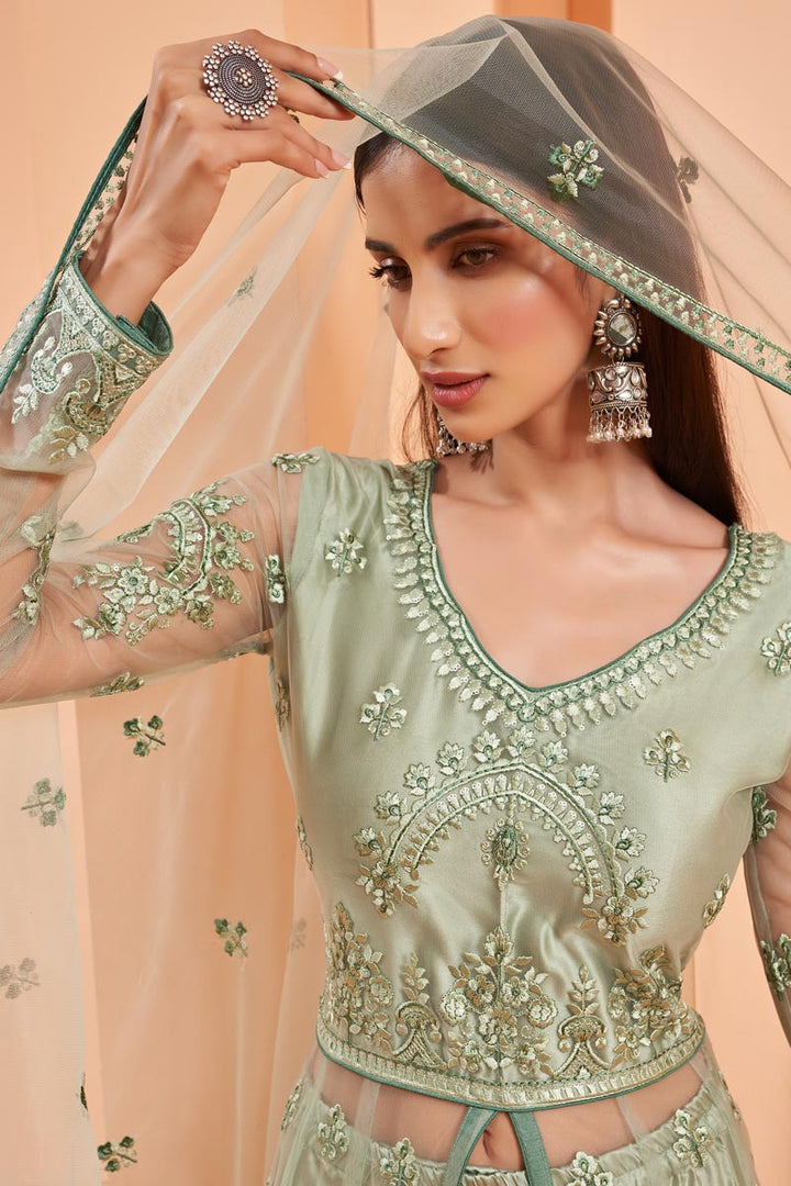 Festive Wear Sea Green Color Embroidered Net Fabric Designer Anarkali Suit