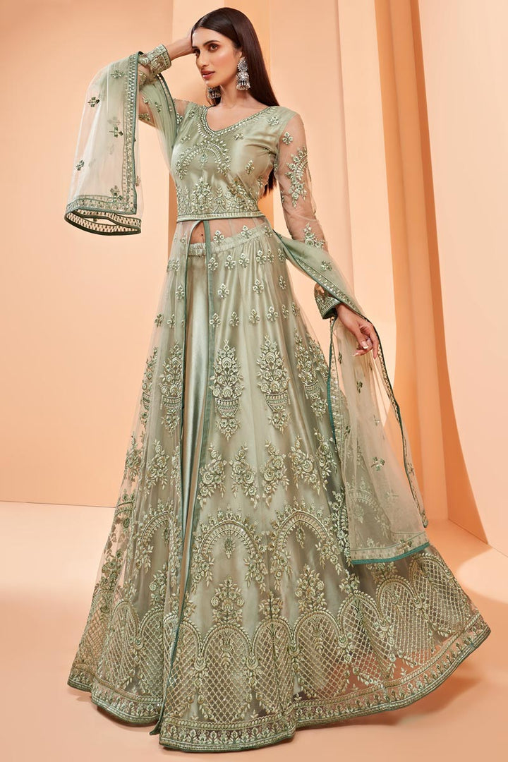 Festive Wear Sea Green Color Embroidered Net Fabric Designer Anarkali Suit