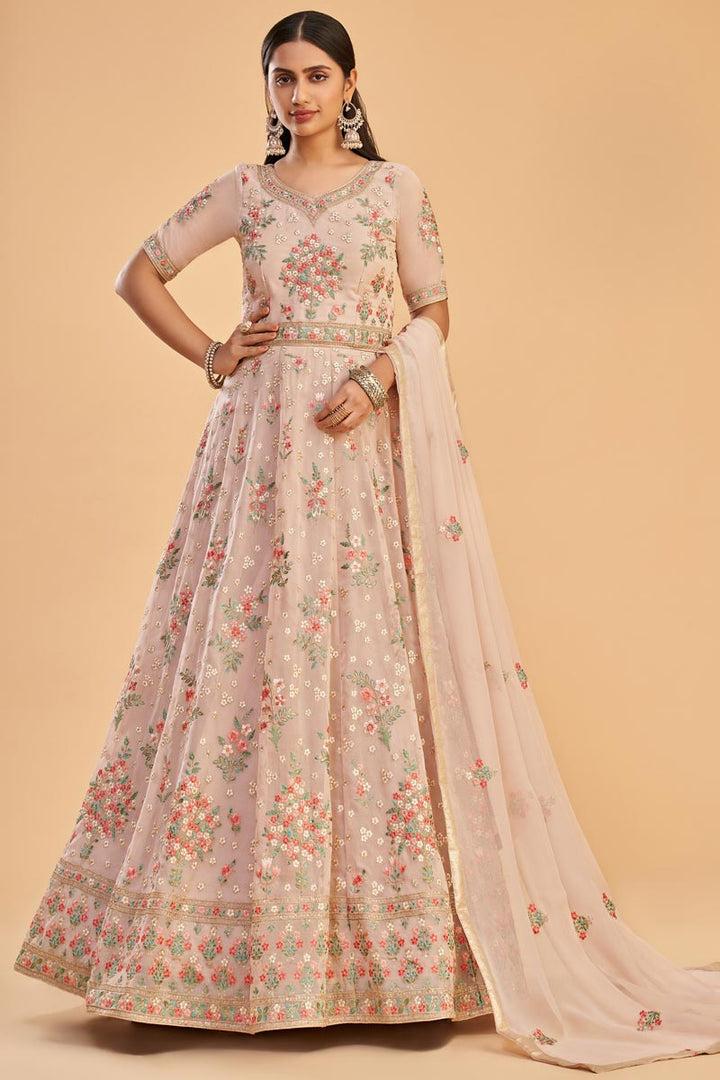 Festival Wear Beige Color Embroidered Work Attractive Anarkali Suit In Georgette Fabric