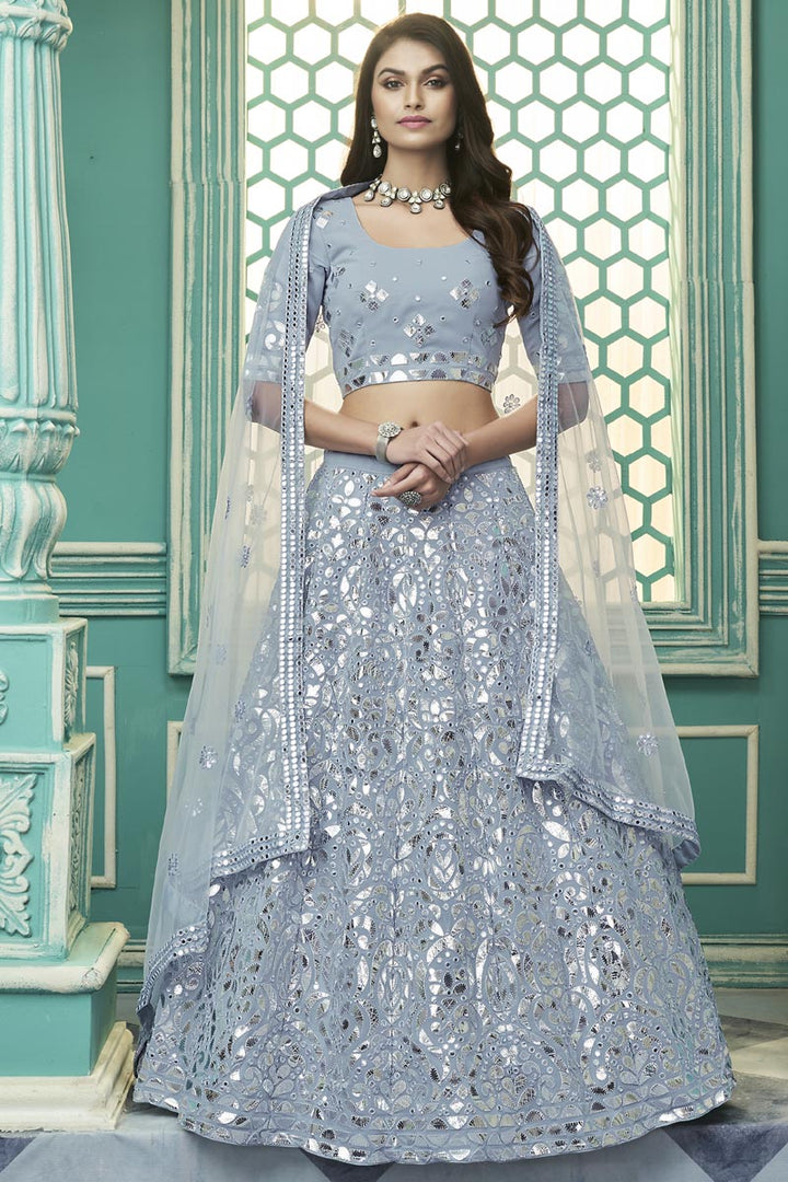 Majestic Grey Georgette Embroidered Wedding Wear Lehenga Choli