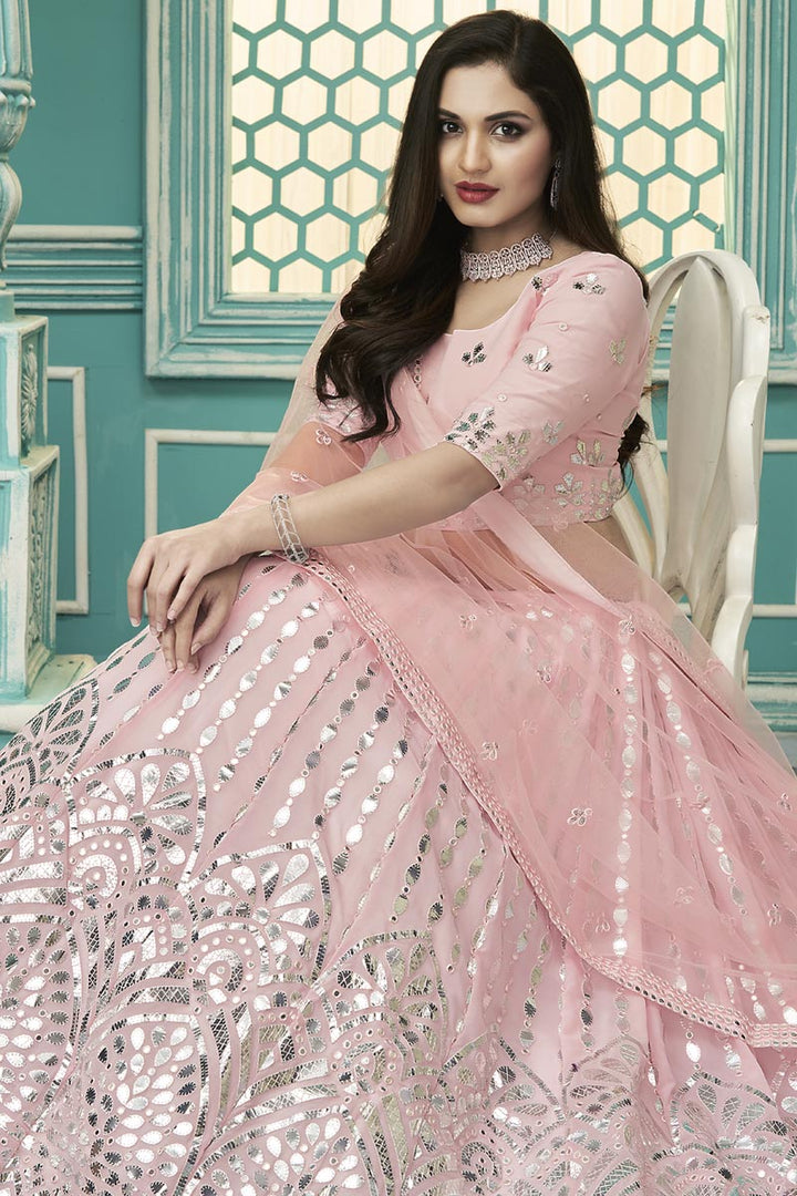 Georgette Lovely Embroidered Wedding Wear Lehenga Choli In Peach Color