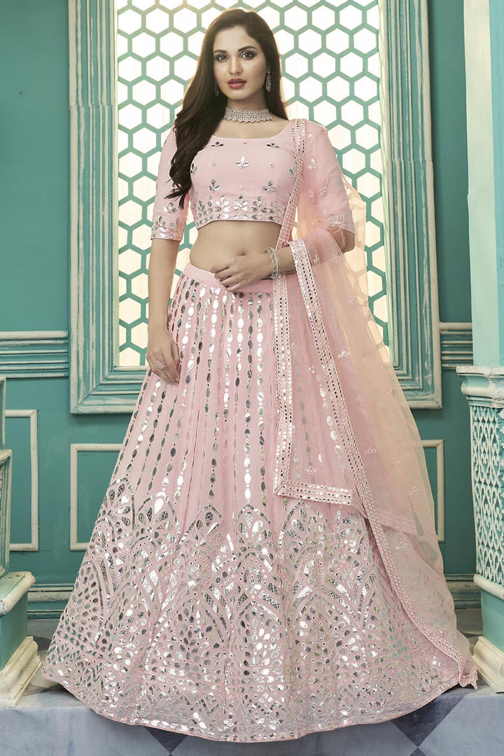 Georgette Lovely Embroidered Wedding Wear Lehenga Choli In Peach Color