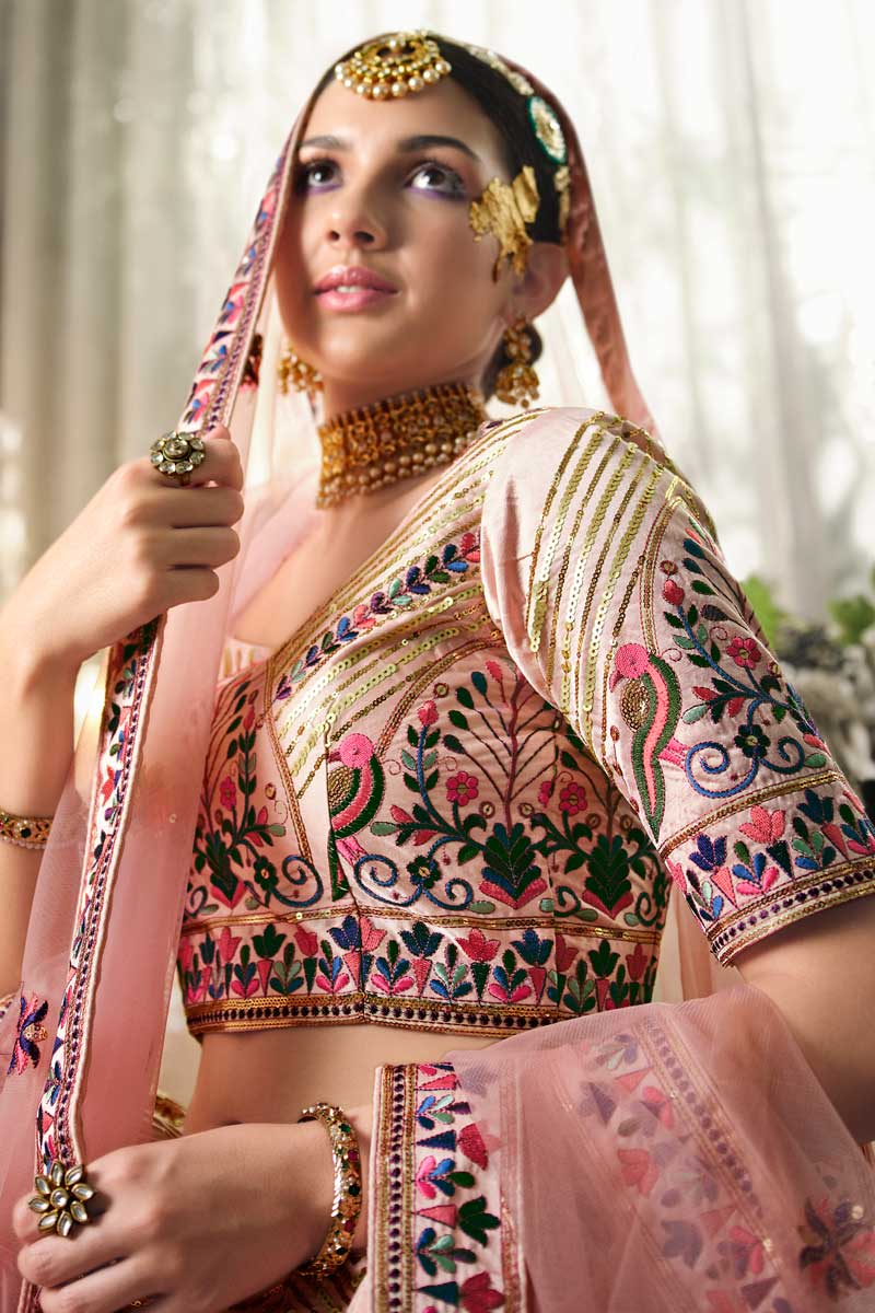 Silk Fabric Peach Color Engaging EmbroidePeach Wedding Wear Lehenga