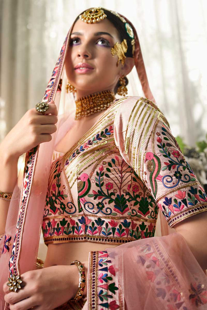 Silk Fabric Peach Color Engaging EmbroidePeach Wedding Wear Lehenga