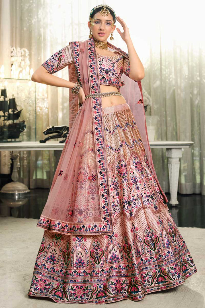 Silk Fabric Peach Color Engaging EmbroidePeach Wedding Wear Lehenga