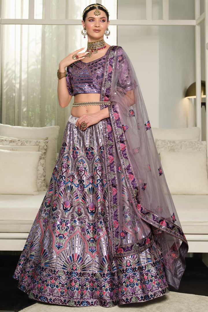 EmbroidePurple Purple Color Adorning Wedding Wear Lehenga In Silk Fabric