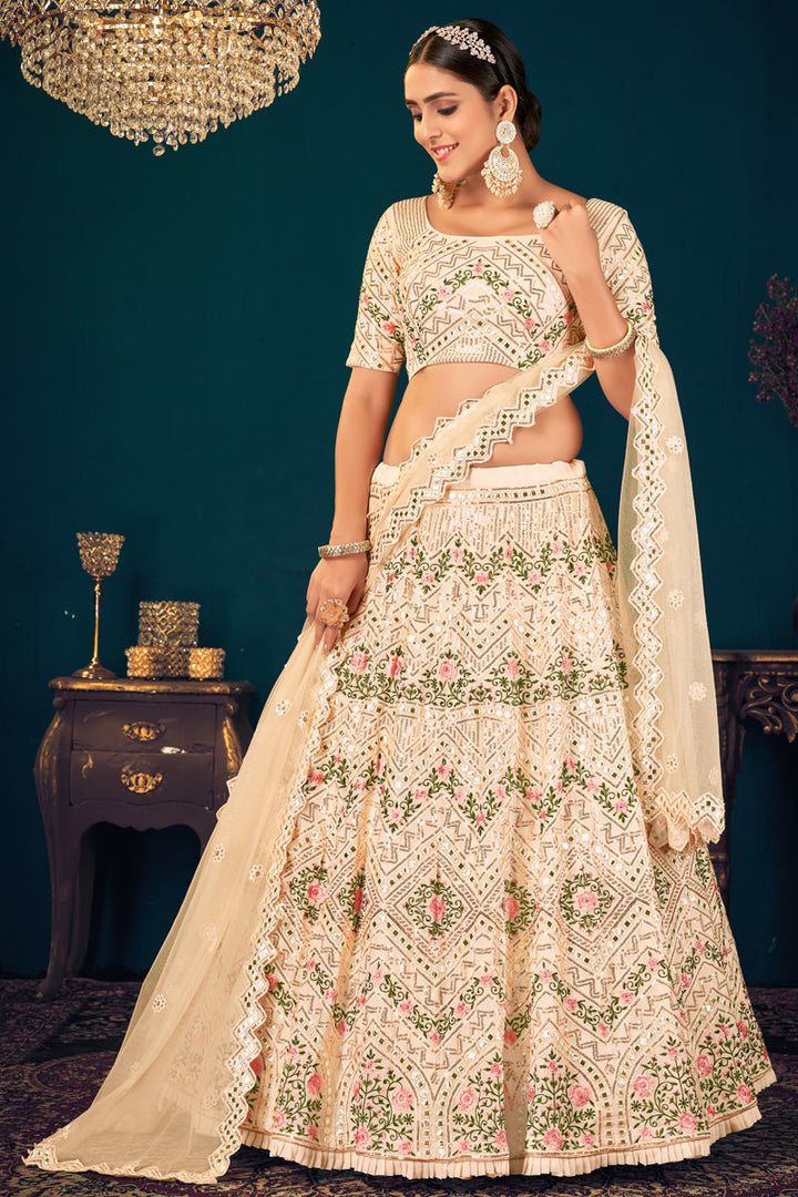 Georgette Attractive Embroidered Wedding Wear Lehenga Choli In Beige Color