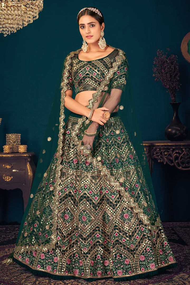 Pretty Georgette Fabric Embroidered Sangeet Wear Lehenga Choli In Dark Green Color