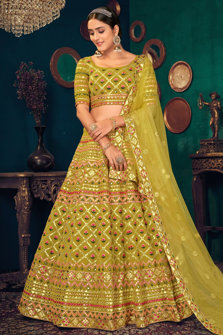 Wedding Wear Georgette Fabric EmbroideGreen Lehenga Choli In Green Color