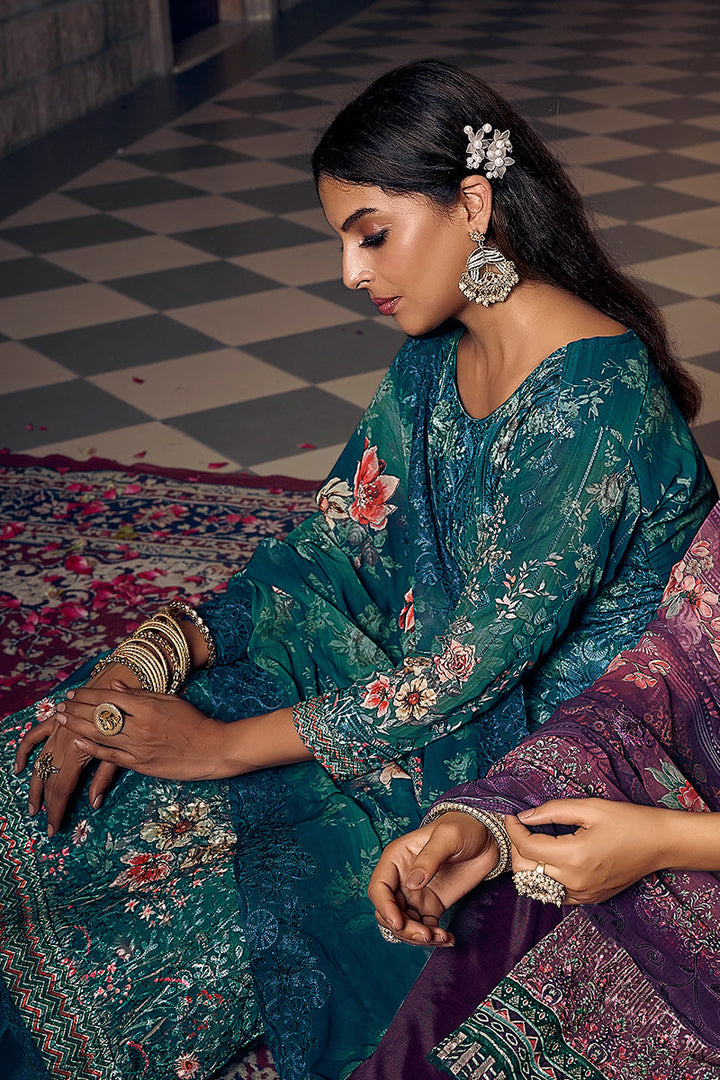 Blue Color Glittering Georgette Fabric Palazzo Suit
