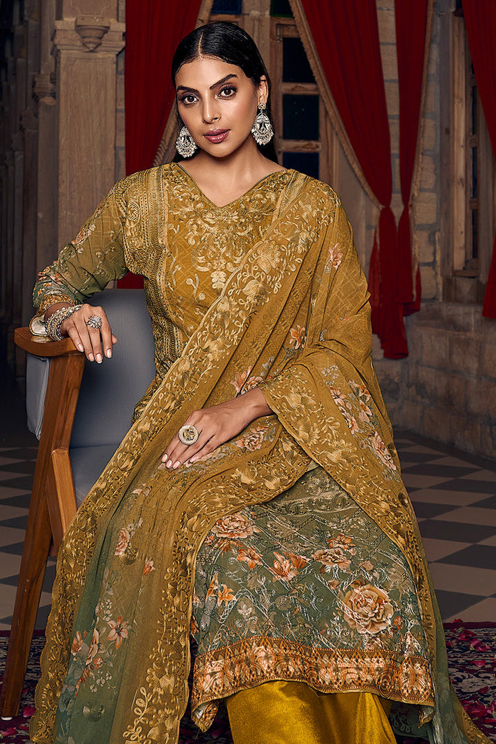 Dazzling Georgette Fabric Mustard Color Palazzo Suit