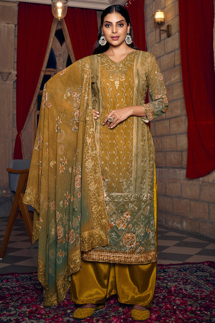 Dazzling Georgette Fabric Mustard Color Palazzo Suit