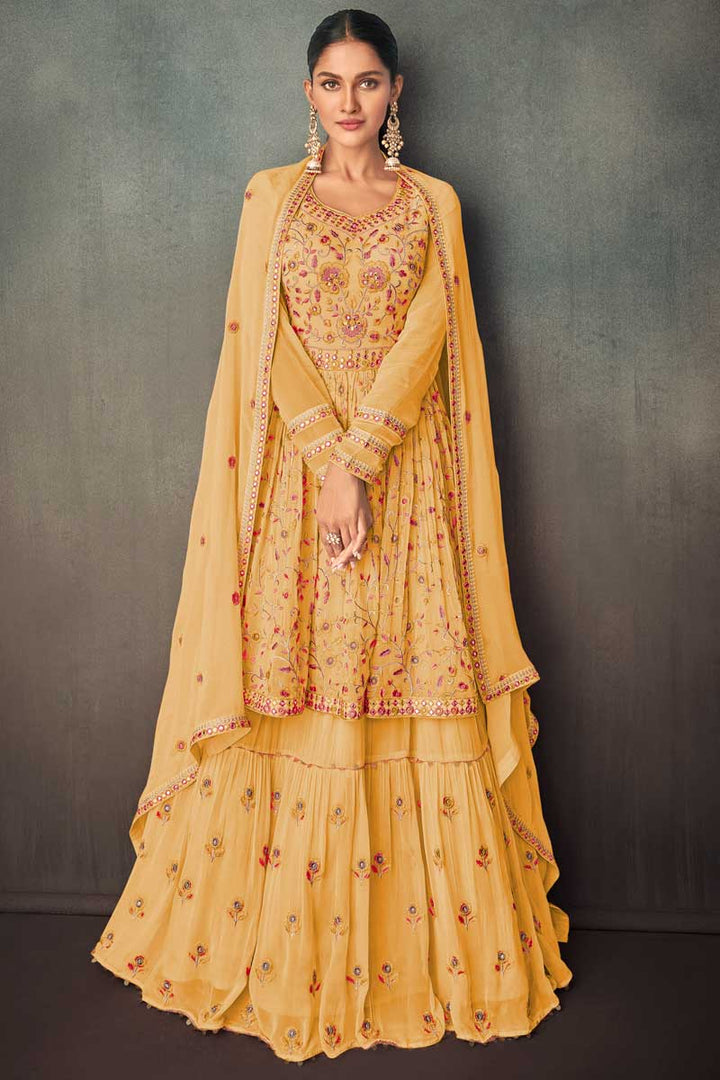 Mustard Color Georgette Fabric Function Wear Awesome Sharara Suit