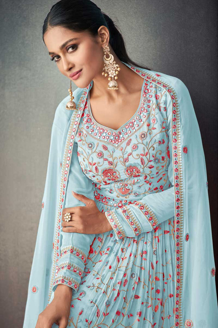 Georgette Fabric Function Wear Beatific Sharara Suit In Cyan Color
