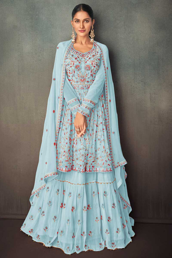 Georgette Fabric Function Wear Beatific Sharara Suit In Cyan Color