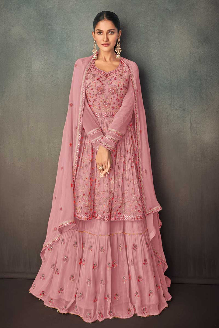 Pink Color Georgette Fabric Adorming Function Wear Sharara Suit
