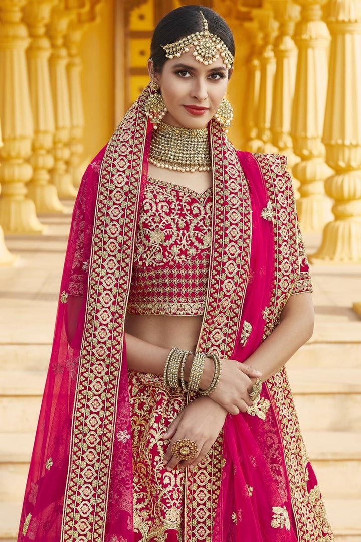 Pink Color Wedding Wear Velvet Fabric Embroidered Lehenga Choli