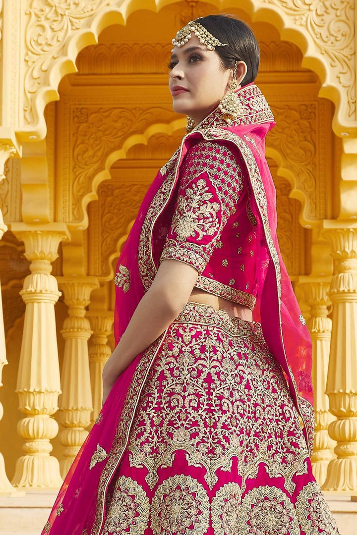 Pink Color Wedding Wear Velvet Fabric Embroidered Lehenga Choli