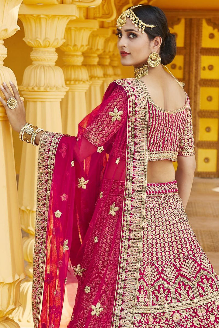 Pink Color Wedding Wear Velvet Fabric Embroidered Lehenga