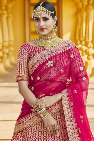 Pink Color Wedding Wear Velvet Fabric Embroidered Lehenga