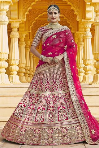 Pink Color Wedding Wear Velvet Fabric Embroidered Lehenga