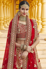 Load image into Gallery viewer, Red Color Wedding Wear Velvet Fabric Embroidered Lehenga Choli
