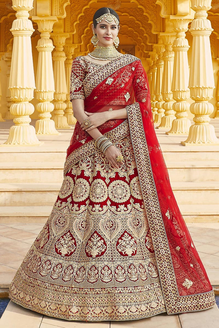 Red Color Wedding Wear Velvet Fabric Embroidered Lehenga Choli
