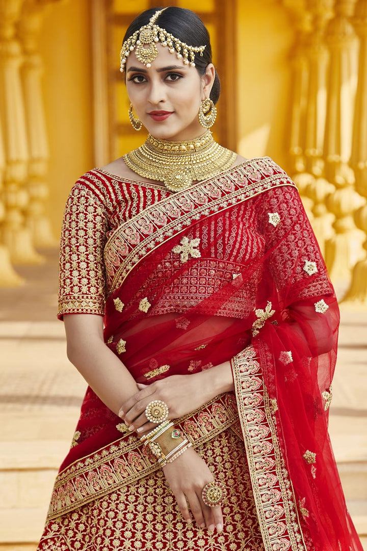 Red Color Wedding Wear Velvet Fabric Embroidered Lehenga
