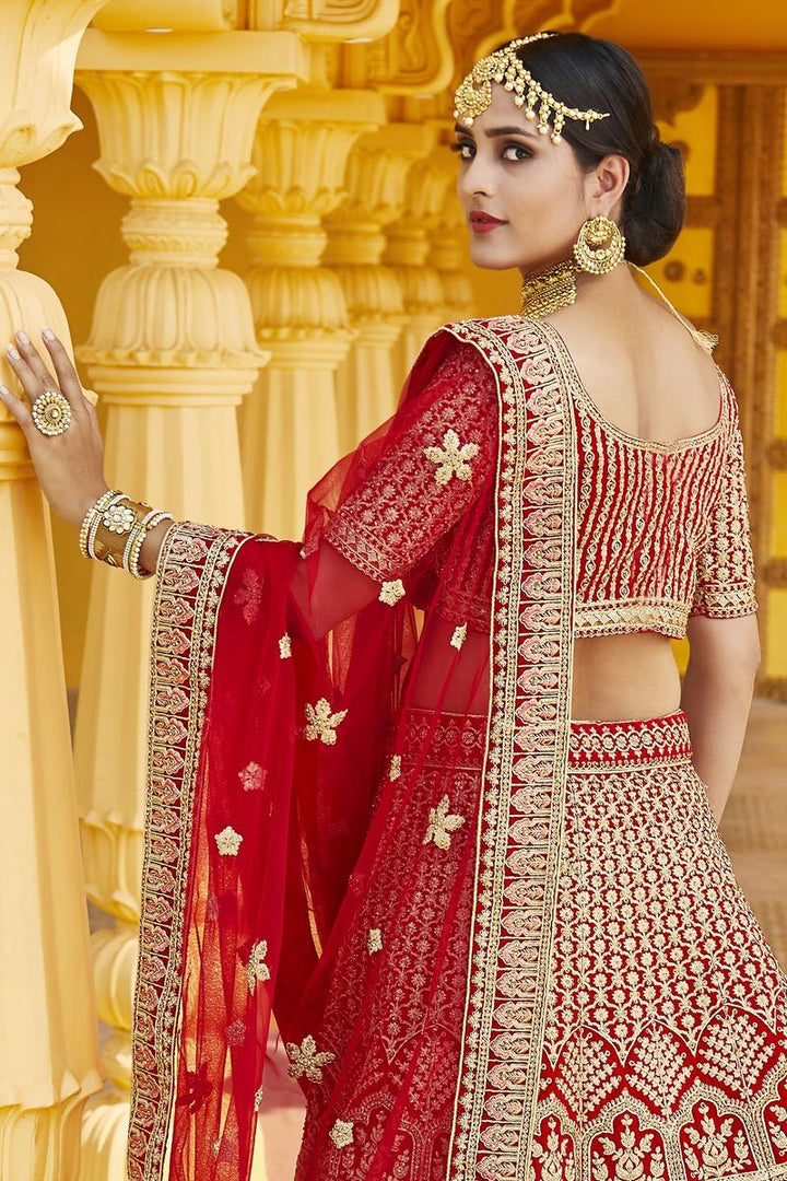 Red Color Wedding Wear Velvet Fabric Embroidered Lehenga