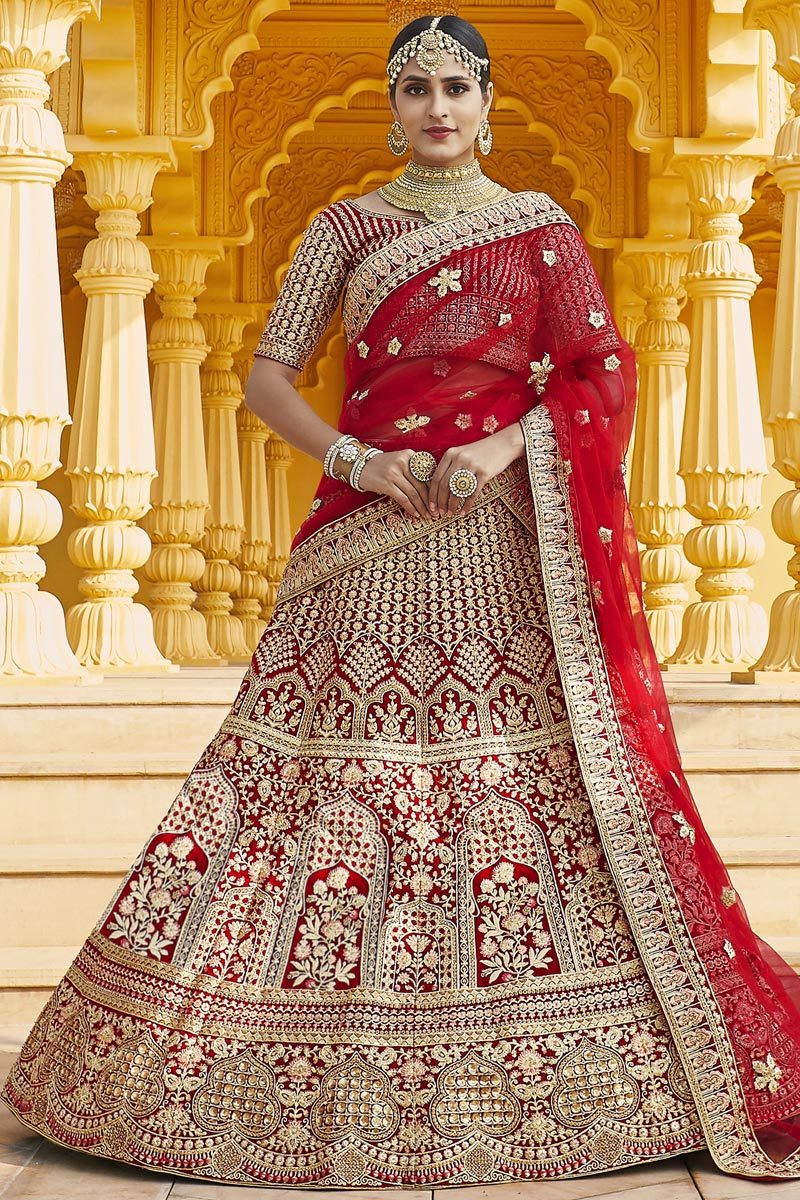 Red Color Wedding Wear Velvet Fabric Embroidered Lehenga