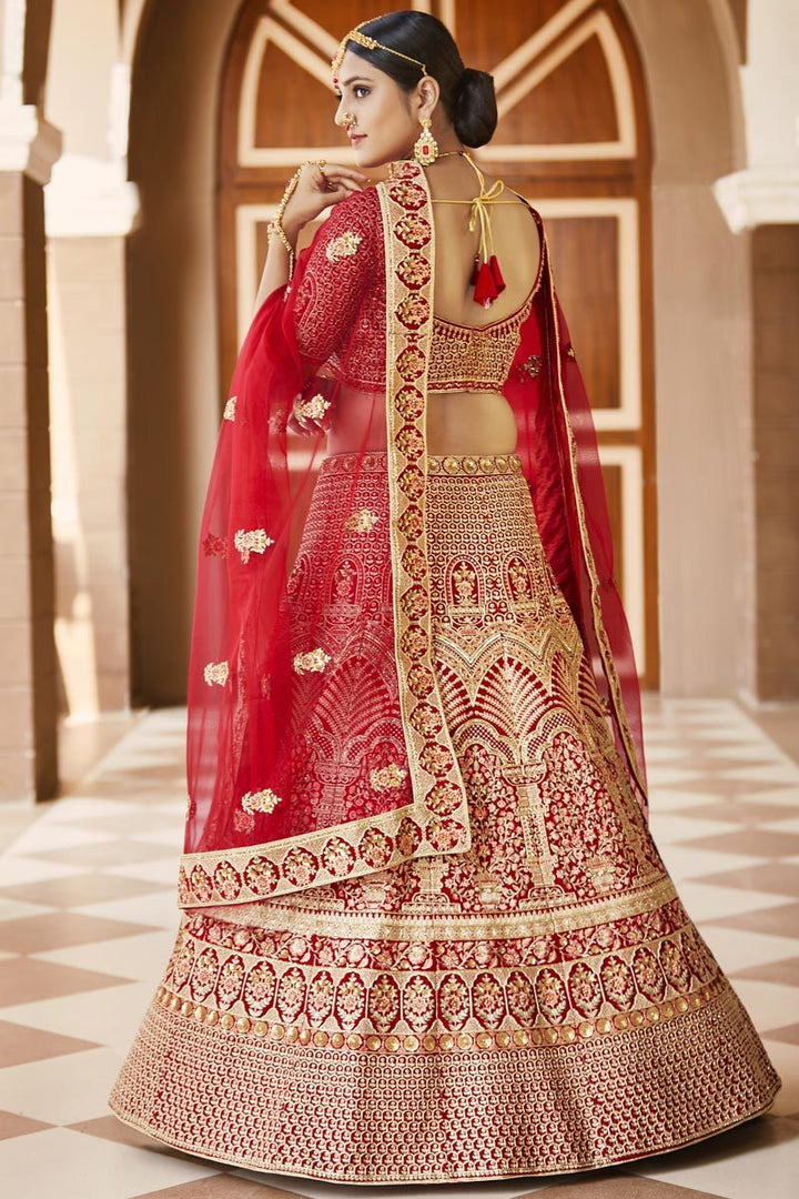 Wedding Wear Red Color Embroidered Lehenga In Velvet Fabric